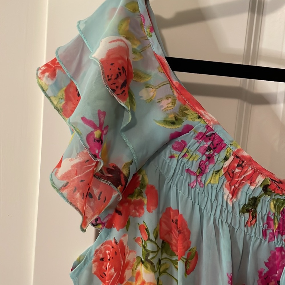 Blue Floral Off Shoulder or On Ruffle Sleeves Blouse - Picture 2 of 7